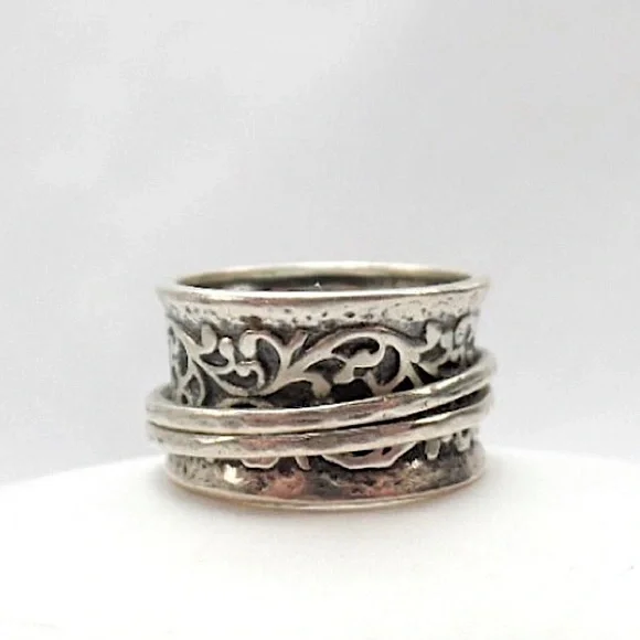 DIDAE Ornate Sterling Silver Wide Band Israeli Spinner Ring Sz. 8, 8-1/4, 10-1/4